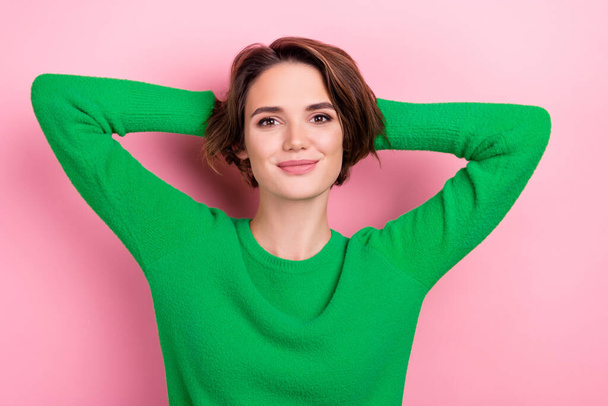 Photo of young attractive relaxed woman bob brown hair take nap hands head comfort chill dreaming isolated on pink color background. - Фото, зображення