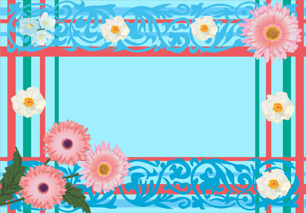 weiße und rosa Blüten in blauem Rahmen - Vektor, Bild