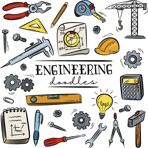 Engineering jobs or profession doodle hand drawn set collections with outline colorful style - Vector, Image