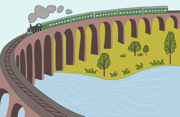 Paisaje rural cerca del río con siluetas de tren y puente de dibujo en el estilo simple vector - Vector, imagen