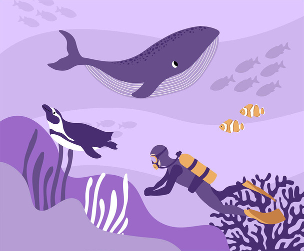 Vector ocean illustration with diver, penguin, clown fish, algae, corals.Underwater marine animals. Diving. Ecology design for banner,flyer,postcard, website design,poster. - ベクター画像