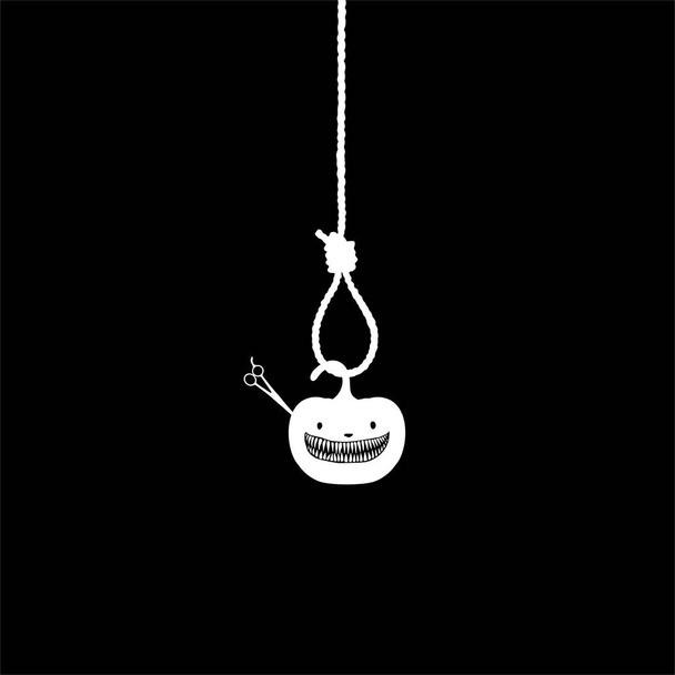 Scary Pumpkin with Scissors hanging on gallows for sign, symbol and Halloween art illustration. Vector Illustration - Vector, Image