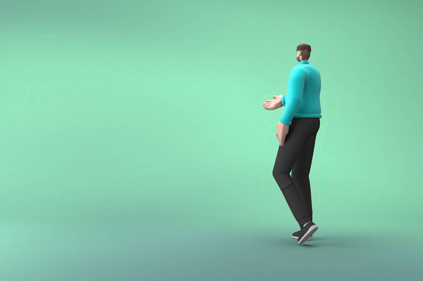 Egy alkalmi ruhás férfi gesztikulál, miközben beszél. 3D renderelés egy rajzfilmfigura - Fotó, kép