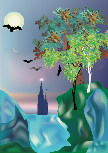 Märchenschloss in der Nähe von Wasserfall Illustration - Vektor, Bild