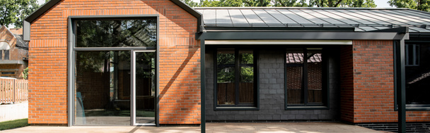 modern cottage, housing trends design, brick walls, large panoramic windows, banner - Foto, Imagem