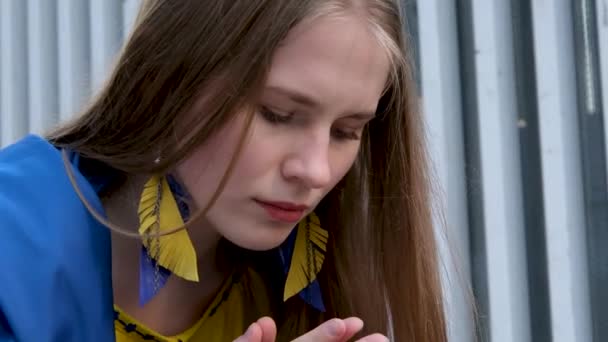 Ukrainisches Mädchen mit ukrainischer Flagge auf den Schultern betet mit gefalteten Händen vor dem brustblonden Haar. Zarte Schönheit Jugendschmerz im Herzkrieg im Land Ukraine gewinnt Erwartungsgebet an Gott - Filmmaterial, Video