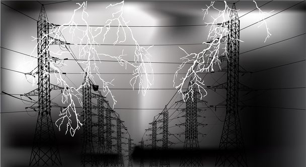 high-tension transmission line at thunderstorm - Vector, Image
