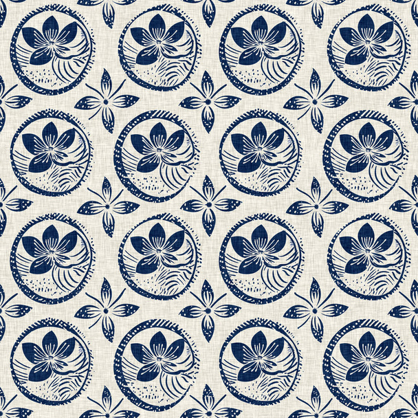 Masculine indigo floral blockprint linen seamless pattern. All over print of navy blue cotton effect flower linocut fabric background - Photo, Image