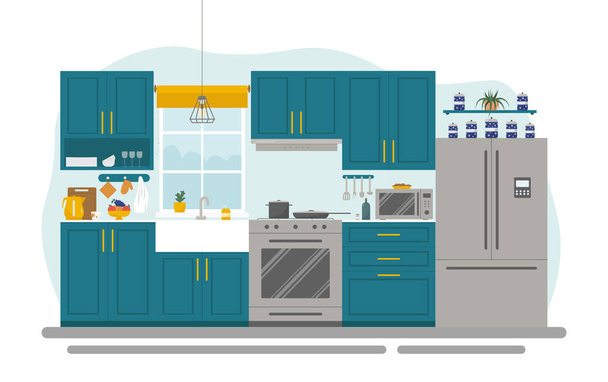 Kücheneinrichtung in einem modernen und gemütlichen Haus. Konzeptvektorillustration im flachen Stil - Vektor, Bild