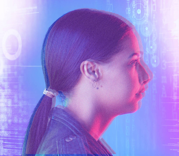 Neon, hologram screen and face of woman in studio for cyberpunk, metaverse and user experience. Virtual reality, futuristic and profile of female person with software overlay for facial recognition. - Фото, изображение