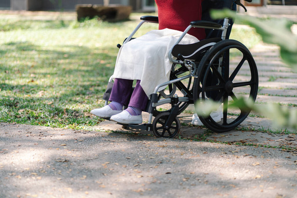 Huzurevi. Genç bakıcı tekerlekli sandalyedeki yaşlı kadına yardım ediyor. - Fotoğraf, Görsel