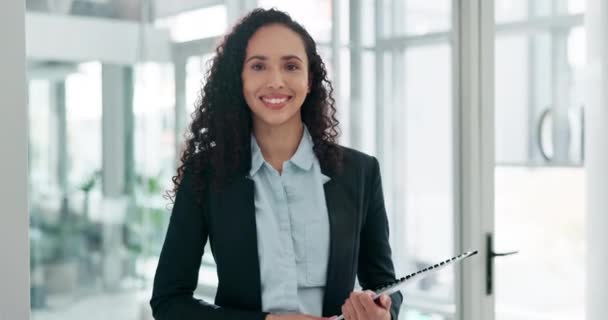 Smile, documents and a business woman in a corporate workplace laughing at funny humor while working. Portrait, happy and paperwork with a confident female employee in a suit for professional work. - Filmagem, Vídeo