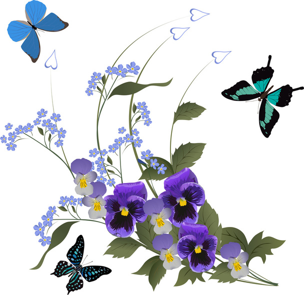 three butterflies and blue flower bouquet - Vector, Image