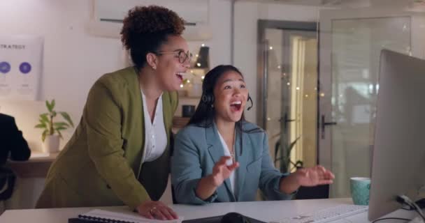 Team, success or happy women high five in call center winning a telemarketing or telecom bonus. Manager, girl winner or excited virtual assistant with victory, goals or sales achievement in office. - Footage, Video