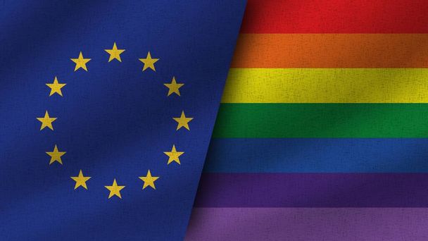LGBT Pride and European Union Realistic Two Flags Together, 3D Illustration - Φωτογραφία, εικόνα