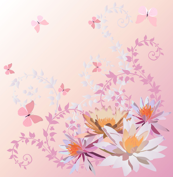 ροζ πεταλούδες και λουλούδια κρίνο - Διάνυσμα, εικόνα