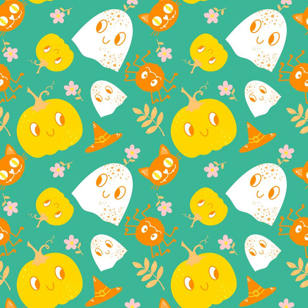 Cartoon Halloween seamless pumpkins and ghost pattern for wrapping paper and fabrics and kids clothes print and festive packaging and accessories. High quality illustration - Fotó, kép