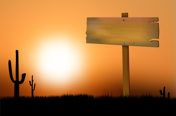 Drewniany znak na zachód słońca na prerii - Wektor, obraz