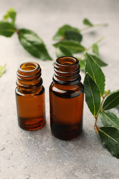 Bottles of bay essential oil and fresh leaves on light grey table - Foto, immagini
