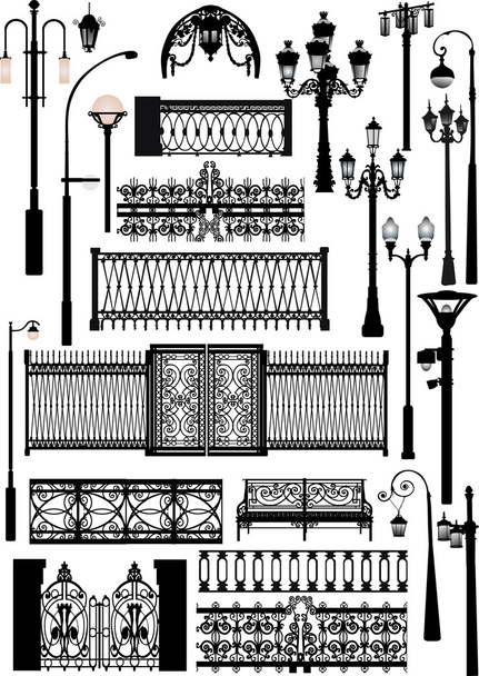 different fences and street lamps collection - Vector, Image