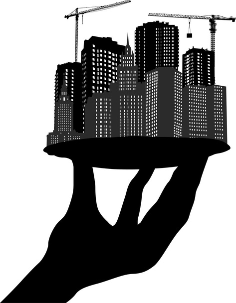 人間の手でプレート上の都市 - ベクター画像