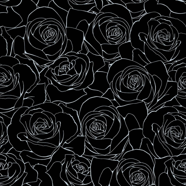 Monochrome rose flower bouquets contour elements vector seamless pattern gray and black. Gift box paper, textile, linen, dress print design, invitations of the wedding or condolence - Vektor, obrázek