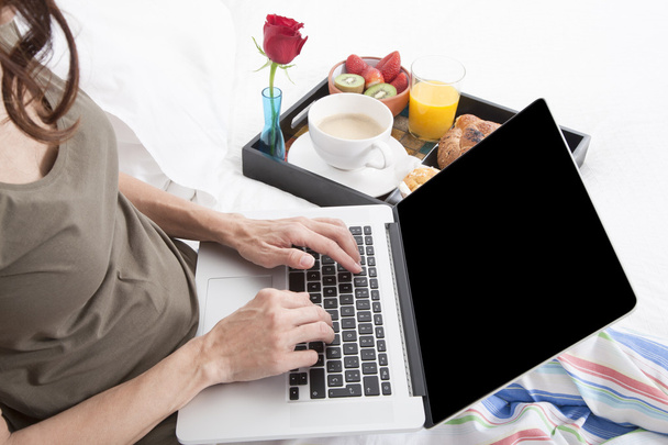 woman hands typing and breakfast - Photo, Image