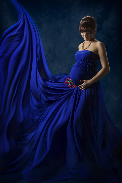 Raskaana oleva nainen kauneus muotokuva, kaunis äitiys käsite, äiti muoti sininen räpyttely mekko, kangas lentävät ja vilkuttaa
 - Valokuva, kuva