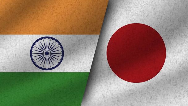 Japan and India Realistic Two Flags Together, 3D Illustration - Foto, Bild