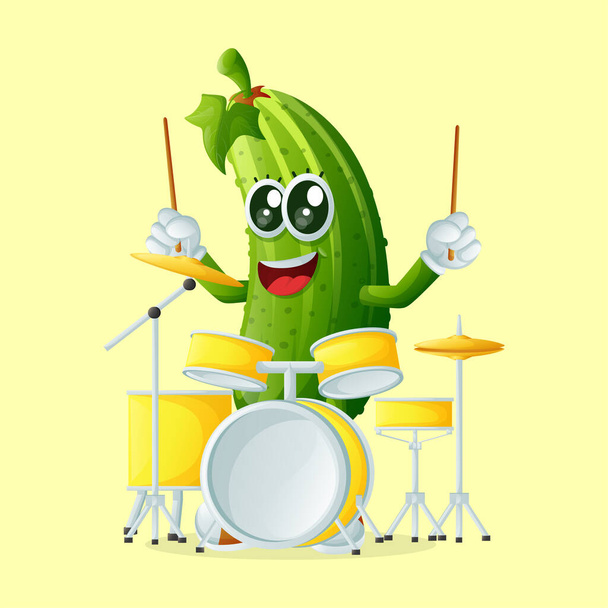 Cute cucumber character playing drum. Perfect for kids, merchandise and sticke - Vektori, kuva