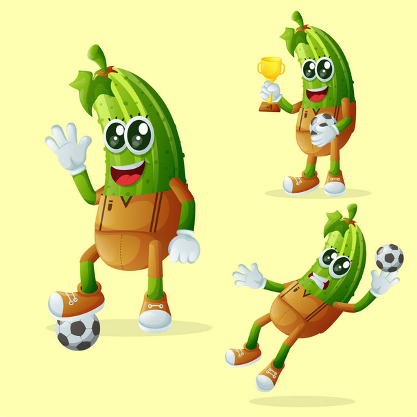 Set of cute cucumber characters playing soccer. Perfect for kids, merchandise and sticker, banner promotion or blo - Vetor, Imagem
