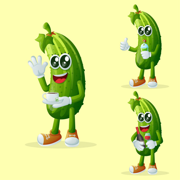 Set of cute cucumber characters enjoying beverages. Perfect for kids, merchandise and sticker, banner promotion or blo - Vetor, Imagem