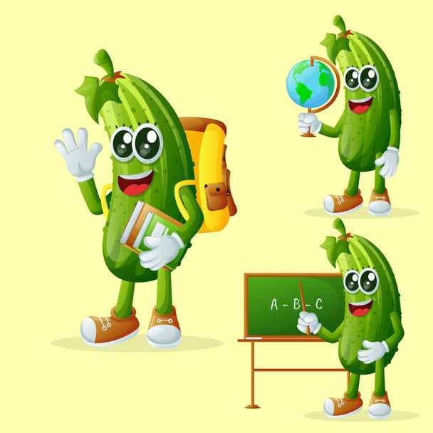 Set of cute cucumber characters in education. Perfect for kids, merchandise and sticker, banner promotion or blo - Vektori, kuva