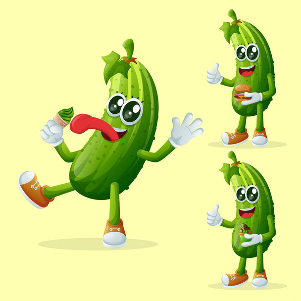 Set of cute cucumber characters enjoying food. Perfect for kids, merchandise and sticker, banner promotion or blo - Vektor, kép