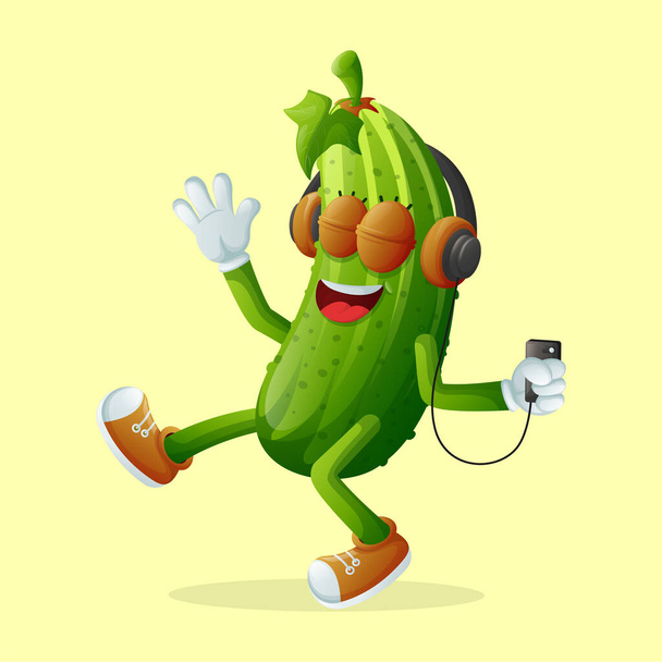 Cute cucumber character listening to music. Perfect for kids, merchandise and sticker, banner promotion or blo - Vektor, Bild