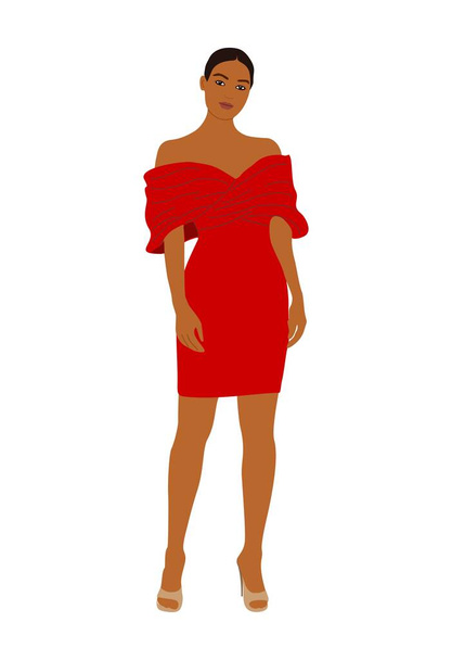Женщина в модном платье для вечерней или коктейльной вечеринки, мероприятия. Красивая девушка в стильной одежде, красном платье. Векторная реалистичная иллюстрация на белом фоне - Вектор,изображение