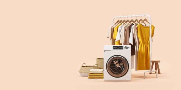 Washing machine and minimalist rail with clothes on hangers, dresses and t-shirts on copy space beige background. Concept of laundry service. 3D rendering illustration - Fotoğraf, Görsel