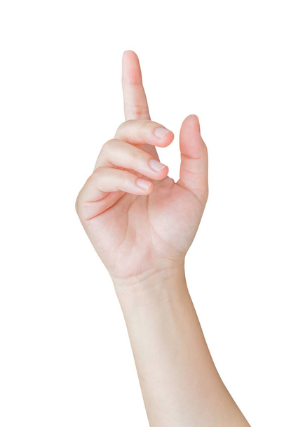 Mão feminina tocando ou apontando para algo isolado no fundo branco
 - Foto, Imagem