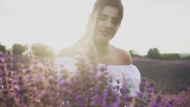 Schöne Frau, die durch Lavendelfeld geht Blumen Liebe Natur Weißes Kleid Märchen Glückskonzept  - Filmmaterial, Video