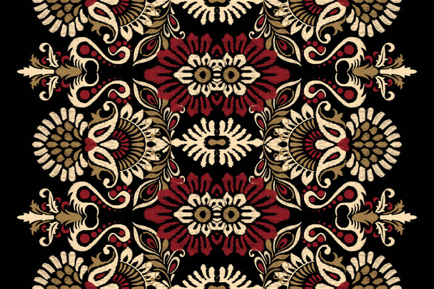 黒の背景にイカットの花のペイズリー刺繍。イカットの民族的な東洋のパターンの伝統。アステカスタイル抽象的なベクトルのイラスト。 - ベクター画像