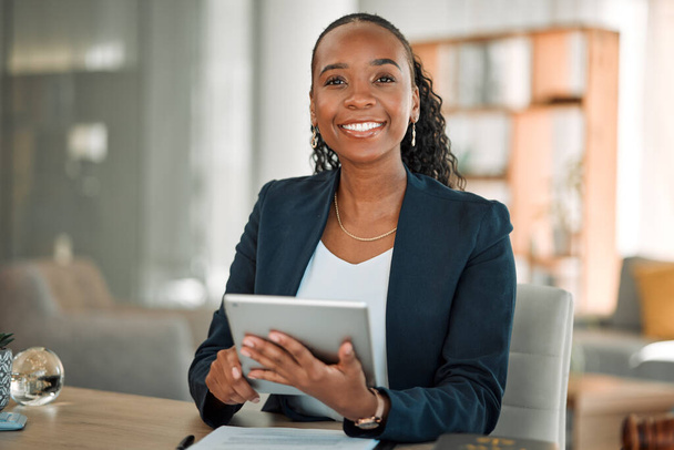Lawyer, portrait and black woman with tablet in office for research, email and smile. African attorney, technology and face of happy professional, advocate and legal advisor from Nigeria in law firm - Photo, Image