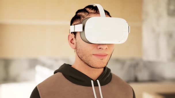tecnologia, gioco online, intrattenimento, mondo virtuale nella simulazione 3D. uomo millenario in vr occhiali gioca a casa, rendering 3d. - Filmati, video