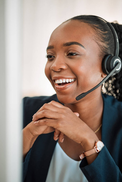 Smile, telemarketing or black woman with headphones, call center or internet connection with crm. Female person, consultant or agent with telecom sale, customer service or tech support with ecommerce. - Fotografie, Obrázek