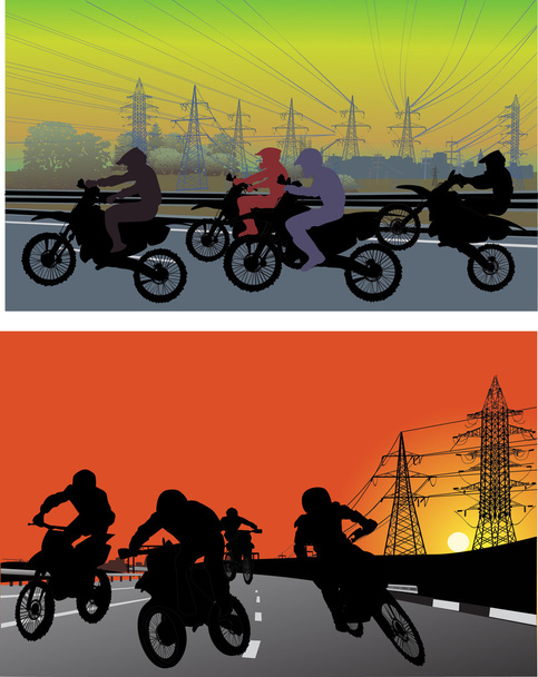 Straßen und Silhouetten von Männern auf Motorrädern - Vektor, Bild