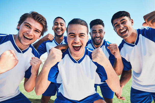 Soccer player, team portrait and celebration on field for winning, fist and together for training, goals or fitness. Athlete men, group and happy on pitch for exercise, football or success in contest. - Φωτογραφία, εικόνα