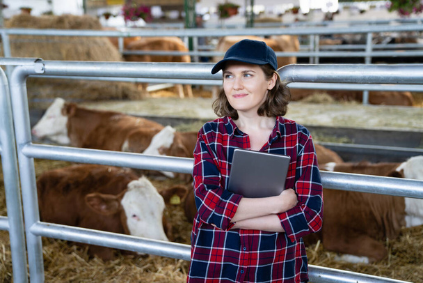 Woman farmer with tablet at a dairy farm. Herd management - Фото, зображення