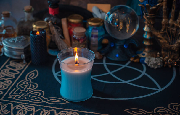 Magical scene, esoteric and wicca concept, fortune telling, witch stuff on a table - Photo, Image