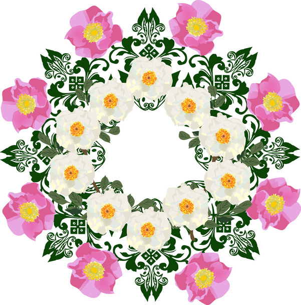 rózsaszín és fehér brier virágok kerek építési forma - Vektor, kép