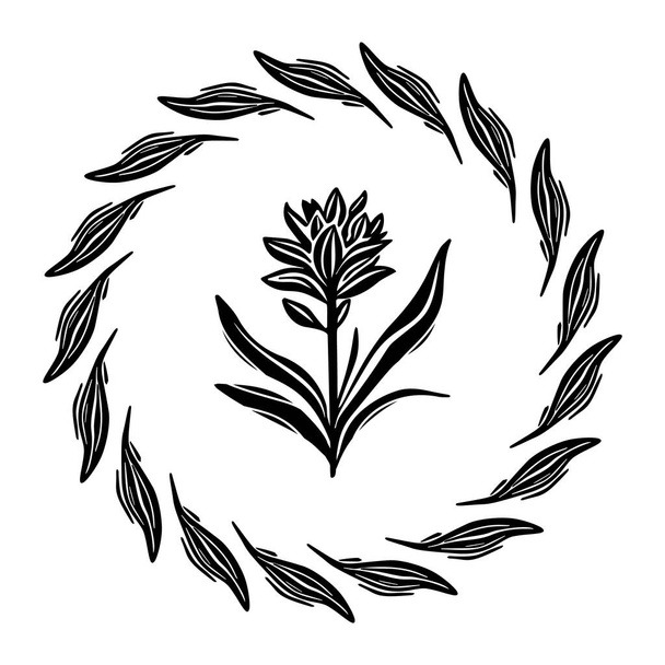 Cadre floral linotype illustration vectorielle fantaisiste. Conception faite à la main de feuillage bizarre graphique - Vecteur, image