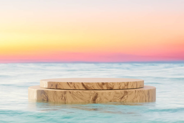 3D dřevěné pódium s kopírovacím prostorem pro prezentaci produktů na pláži a západu slunce nebe abstraktní pozadí. Tropická letní a prázdninová koncepce. Grafický design. - Fotografie, Obrázek